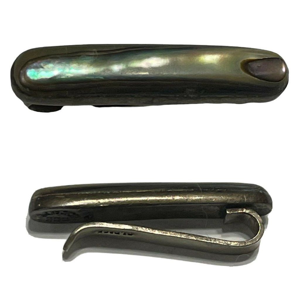 Vtg  Men’s 925 Sterling Silver Abalone Inlay Tie Bar Clip Clasp Mother Of Pearl
